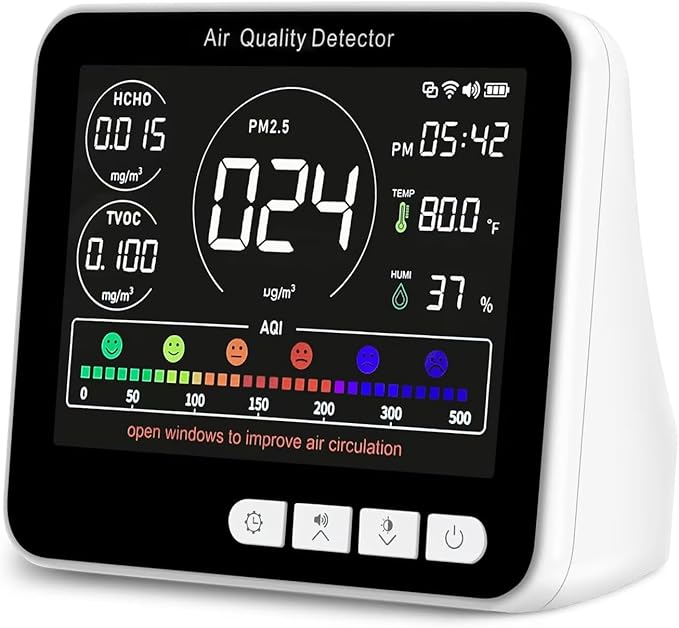 14 in 1 Air Quality Monitor Indoor with Beep Alarm, 6 AQI Air Quality Detector with PM1.0|PM2.5|PM10|HCHO|TVOC|AQI|Temperature|Humidity|Time for Home, Hotel, Office, Car, Battery Powered Air Monitor by BIBIRE