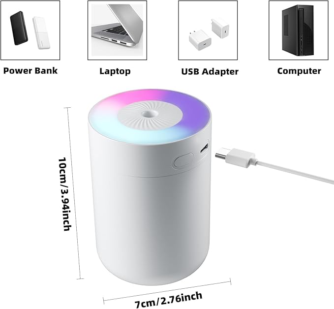 230ML Humidifier for Bedroom, Air Humidifier for Home, Plant Humidifiers Indoor Small with LED Colorful Gradient Light, USB Powered for Desk, Car, Travel, Hotel Room (White) - Image 6