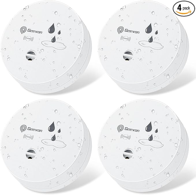 Geevon 4 Pack Water Leak Detectors, 100dB Water Sensor Alarms Flood Detector for Basements, Bathrooms, Laundry Rooms, Kitchens, Garages, and Attics, Water Alarms Battery-Operated (Battery Included) by GEEVON
