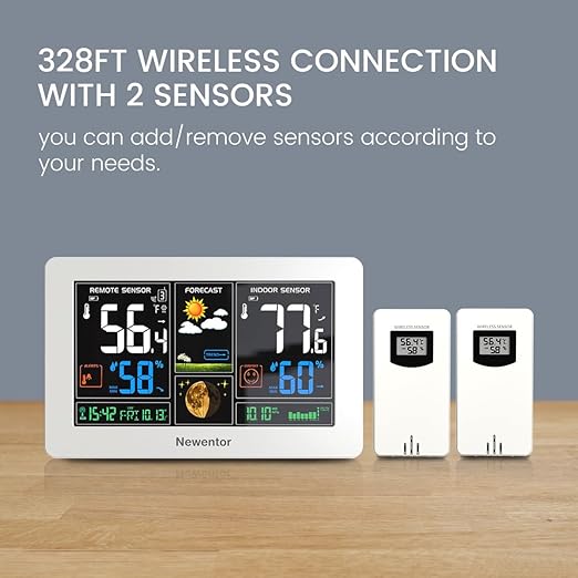 Newentor Weather Station Wireless Indoor Outdoor Thermometer, Color Display Digital Weather Thermometer with Atomic Clock, Barometric Pressure, Forecast Station with Adjustable Backlight,White,2Sensor - Image 2