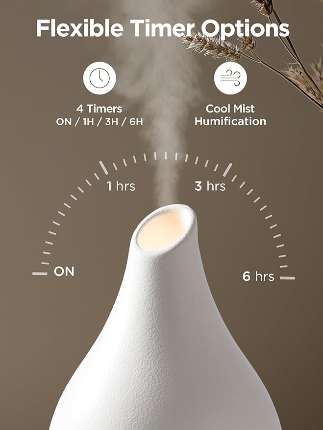 InnoGear Essential Oil Diffuser, 300ml Ceramic Diffuser for Home Handcrafted Stone Aromatherapy Diffusers Ultrasonic Cool Mist Humidifier Vaporizer 4 Timers, White Vase-Shaped Ceramic, Large - Image 3