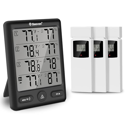 Geevon Indoor Outdoor Thermometer Wireless with 3 Remote Sensors, Digital Hygrometer Thermometer, Wireless Temperature Humidity Monitor Gauge with 200FT/60M Range (Black) by GEEVON