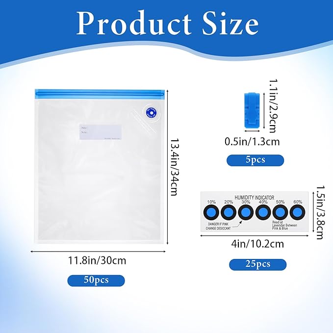 80 Pcs 3D Filament Storage Bags Kit, 50 Pcs 3D Printer Filaments Vacuum Storage Bag 13.4 x 11.8 Inch with 5 Sealing Clip 25 Humidity Indicator Cards for Keep Filament Dry - Image 2