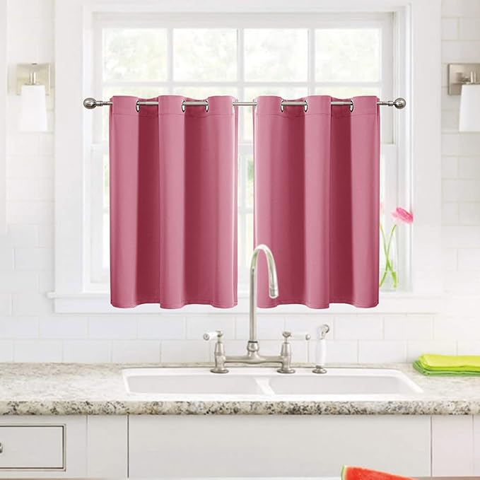 ChrisDowa Small Window Curtains for Kitchen and Bedroom - Grommet Short Thermal Insulated Room Darkening Curtains (2 Panels, Pink, 52 x 36 Inch) - Image 2