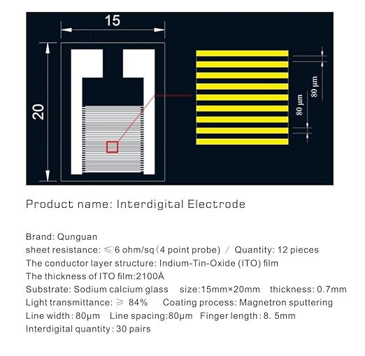 Qunguan IDE（Interdigital Electrode) on ito Glass 80μm Indium-Tin-Oxide Film Superpolar Conductivity Transparent Biosensor Medical Chemical Optical Sensor Chip (15mm×20mm, 12 pcs) - Image 4