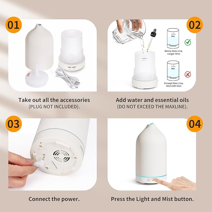 URPOWER 120ML Essential Oil Diffuser Ceramic Aromatherapy Diffuser with 7-Color LED Lights, Auto Shut-Off, 2 Mist Modes, Humidifier for Home Office Decor, Scent Diffuser for Yoga Spa - Image 7