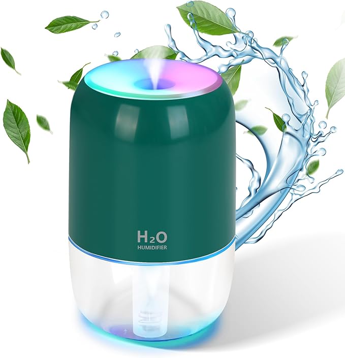 Mini Humidifiers for Bedroom, 200ml Cool Mist Humidifiers for Home Nursery Indoor Plants, Room Humidifier for Bedroom Quiet Easy Clean Auto Shut-off Top Fill Humidifier for Car Office Desktop, Green by MultiOutools