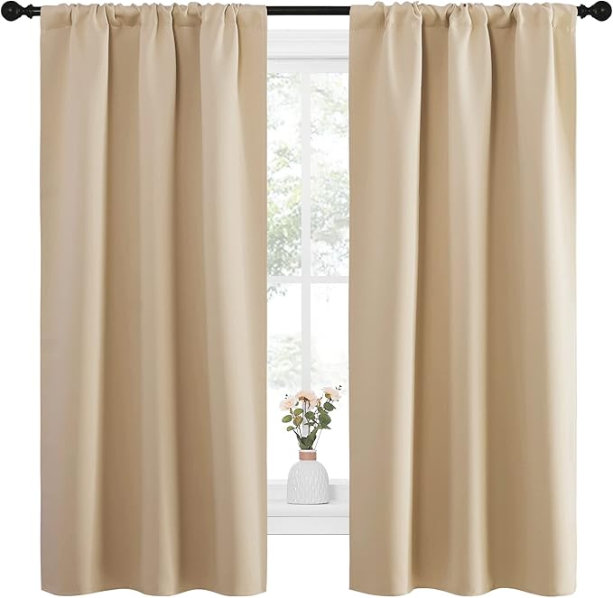 NICETOWN Blackout Room Darkening Curtains - Home Decoration Light & Noise Reducing Thermal Insulated Window Draperies with Rod Pocket Top (Biscotti Beige, 2 Panels, 34 inches Wide x 63 inches Long) - Image 2