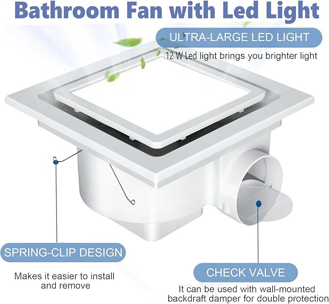 Nalle Ventilation Fans Bathroom Exhaust Fan with Light 9.6 inch Panel 6000K 12W Square LED 90 CFM 1.0 Sones 4 Inch Duct 110V Quiet Ceiling Mount Exhaust Fan for Shower,Bathroom,Office,Home (FFL-200) - Image 2