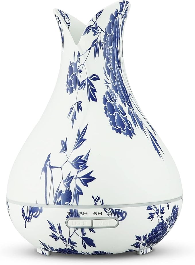 Oriental Blue-and-White Floral Pattern Grain Aroma Diffuser (400 ml) Ultrasonic Cool Mist Humidifier, U-MATE, Essential Oils Aromatherapy, 7 Colors LED Light, for Office Home Study Yoga Spa by U-MATE