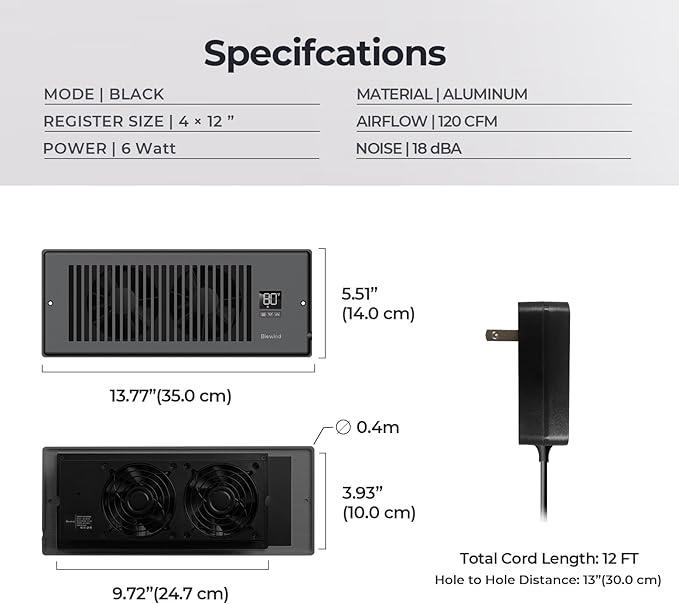 Quiet Register Booster Fan Fits 4" x 12" Register Holes, 10-Speed Smart Heating Cooling AC Vent Fan with Remote Control and Thermostat Control - Black - Image 6