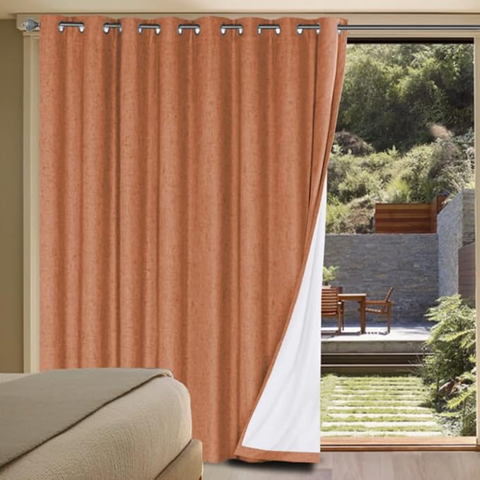 H.VERSAILTEX Linen Blackout Curtains Durable Thick Textured Linen Look 100% Blackout Patio Door Curtain Anti Rust Grommet Extra Wide Sliding Door Curtain Panel, Orange, W100 x L96 inch by HVERSAILTEX