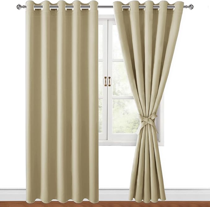 Hiasan Blackout Curtains for Bedroom, 60 x 84 Inches Long - Thermal Insulated & Light Blocking Window Curtains for Living Room, 2 Drape Panels Sewn with Tiebacks, Light Beige by Hiasan