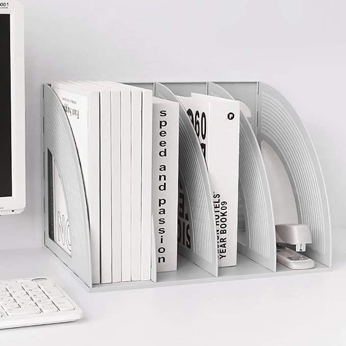 SAYEEC Sturdy Maganize Holder Desktop File Holder Organizer Plastic 4 Section Frames File Dividers Document Cabinet Rack Display Storage Organizer Box (Light Grey) - Image 6