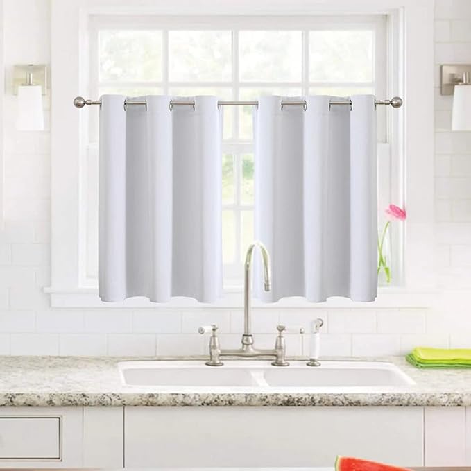 ChrisDowa Small Window Curtains for Kitchen and Bedroom - Grommet Short Thermal Insulated Room Darkening Curtains (2 Panels, Greyish White, 34 x 36 Inch) - Image 2