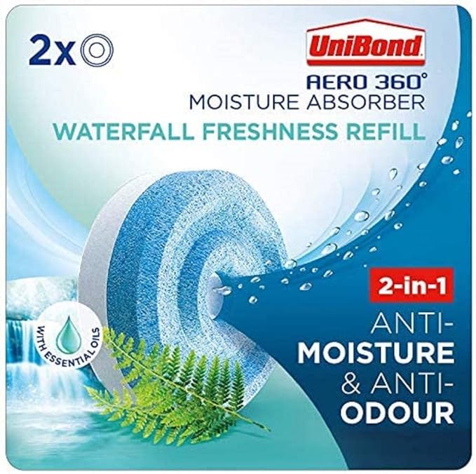 UniBond AERO 360° Moisture Absorber Waterfall Freshness Refill Tab, Aromatherapy, Ultra-Absorbent and Odour-Neutralising, for AERO 360° Dehumidifier, Condensation Absorbers, Twin Pack (2 x 450g) by Unibond