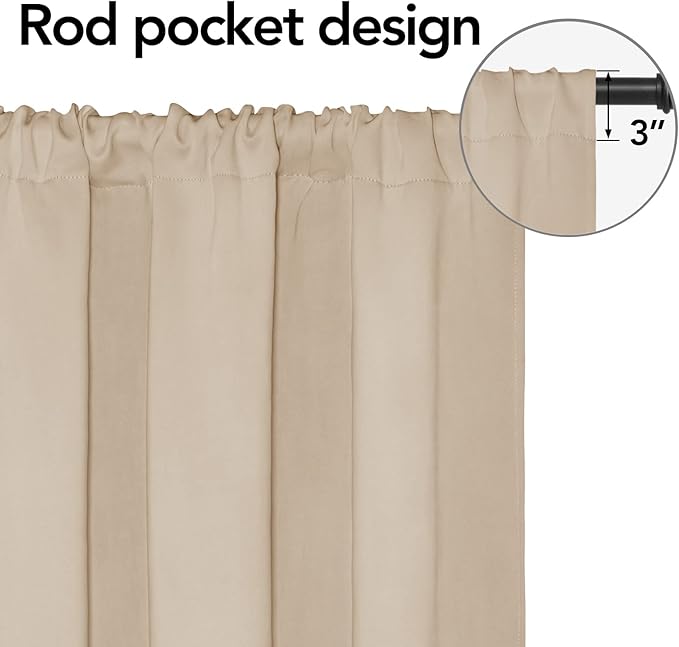 Easy-Going Rod Pocket Blackout Curtains for Bedroom, Room Darkening Window Curtains for Living Room, Thermal Insulated Noise Reduction Solid Window Drapes, 2 Panels(34x45 in, Beige) - Image 2