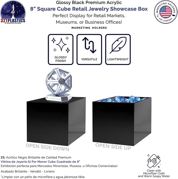 6 Pack 8 Inch Glossy Black Acrylic Display Box with One Open Side No Lid Versatile Square Lucite Merchandise Storage Bin or Retail Product Riser by Marketing Holders - Image 2