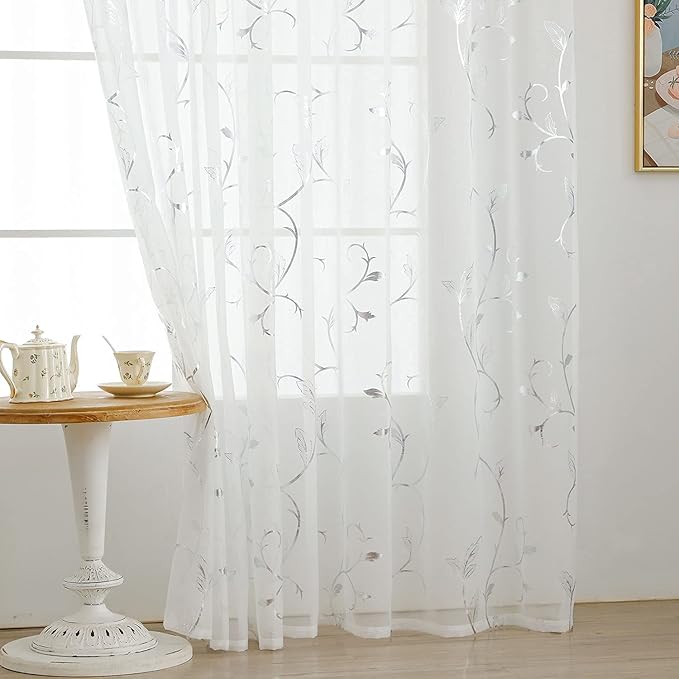 BUHUA White Sheer Curtains 84 Inch Length Semi - Sheer Curtains Printed Silver Foil Vine Pattern Grommet Window Curtains for Girls Bedroom, 55 x 84 Inch, 2 Panels - Image 7