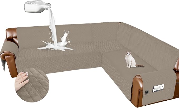 Arfntevss Waterproof Sectional Couch Covers L Shape Washable Velvet Sofa Cover for Sectional Non Slip Large Corner Slipcovers Dog 6 Pcs Universal U Shaped Furniture Protector (Light Khaki, X-Large) by Arfntevss