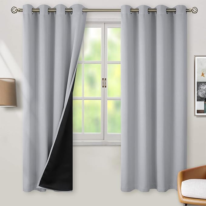BGment Thermal Insulated 100% Blackout Curtains for Bedroom with Black Liner, Double Layer Full Room Darkening Noise Reducing Grommet Curtain (55 x 69 Inch, Light Grey, 2 Panels) by BGment