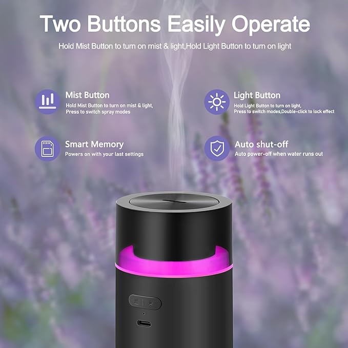 HODEMI Portable Smart Car Essential Oil Diffuser,Cordless Mini Cold Mist Aromatherapy Air Freshener Diffuser with Mode Memory,Auto On/Off,4/8 Timer Modes,for Bedroom Office and Travel (Black) - Image 5
