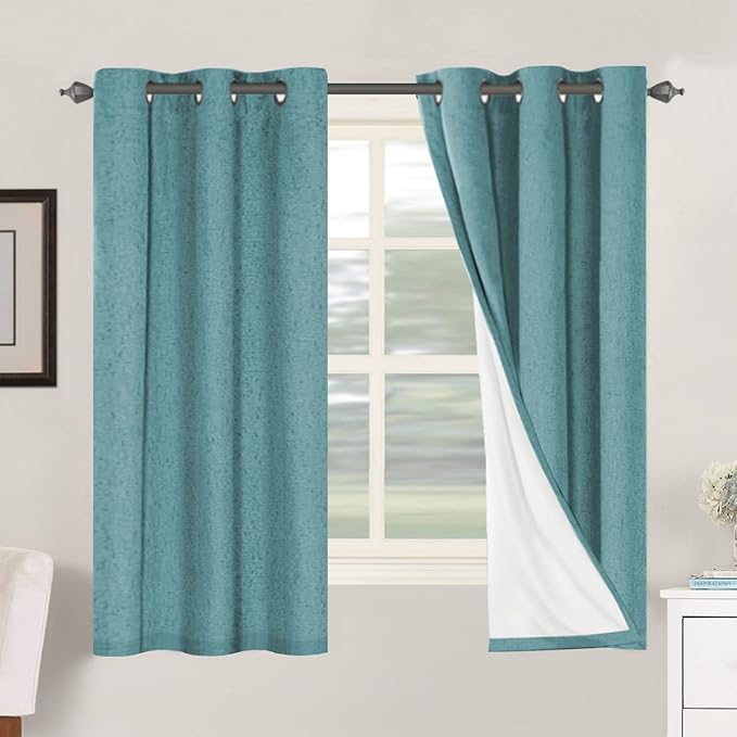 H.VERSAILTEX Primitive Linen Curtains 100% Blackout Curtain Drapes Burlap Fabric Curtains with White Thermal Insulated Liner, Grommet Top Drapes Living Room/Bedroom (2 Panels, 42 x 63 Inch, Teal) by HVERSAILTEX