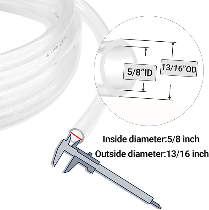 Clear Vinyl Tubing - 5/8" ID 13/16" OD, 10 Ft, 60PSI, BPA Free, Reinforced, 2 Screw Clamps - Image 2