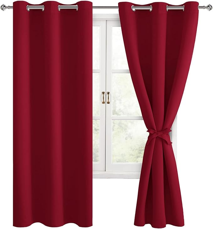 Hiasan Blackout Curtains for Bedroom, 42 x 63 Inches Length - Thermal Insulated & Light Blocking Window Curtains for Living Room, 2 Drape Panels Sewn with Tiebacks, Christmas Red - Image 2