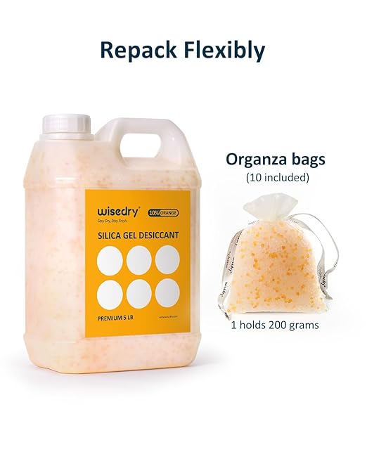 wisedry [ 5 LBS ] Silica Gel Beads Reusable Color Indicating Rechargeable Desiccant Bulk with 10 Pcs Organza Drawstring Bags - Image 8