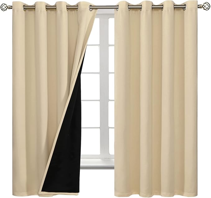 BGment Thermal Insulated 100% Blackout Curtains for Bedroom with Black Liner, Double Layer Full Room Darkening Noise Reducing Grommet Curtain (52 x 63 Inch, Natural, 2 Panels) - Image 8