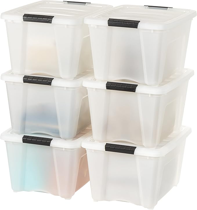 IRIS USA 32 Qt Stackable Plastic Storage Bins with Lids, 6 Pack - BPA-Free, Made in USA - Discreet Organizing Solution, Latches, Durable Nestable Containers, Secure Pull Handle - Pearl by IRISUSA