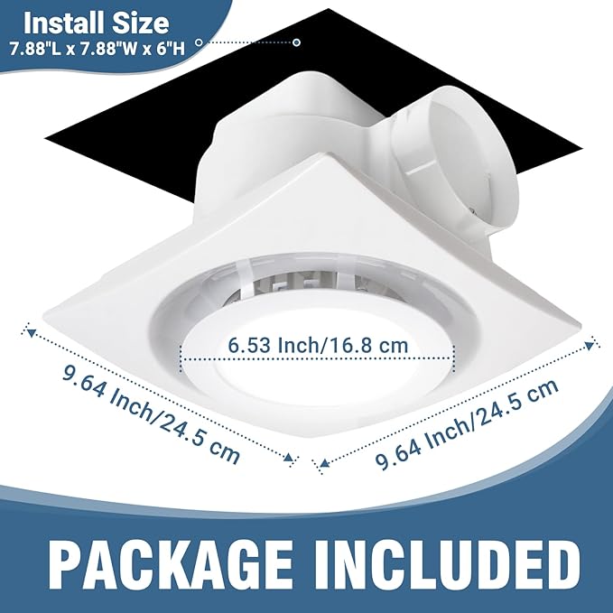 Bathroom Exhaust Fan with LED light 9.6 inch– 110 CFM, Quiet 1.0 Sones Noise Exhaust Fan for Shower, Bathroom, and Restroom, 30W Motor, 15W LED Light, Easy Installation, - Image 3