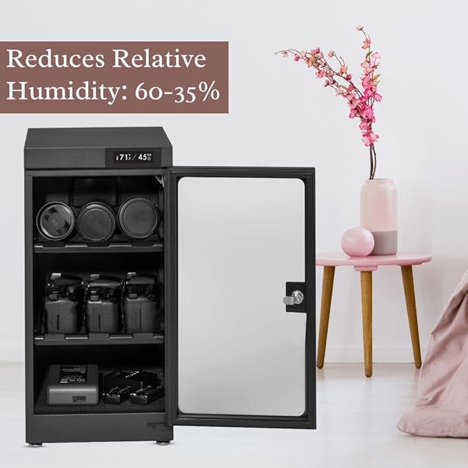50LT Electronic Dry Cabinet for Camera, Lens & Electronics – Silent Dehumidifying Storage, Touchscreen Humidity Control (60‑35% RH), 2 Adjustable Shelves, LED Light, Lock, Energy Saving - Image 7