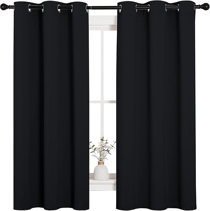 NICETOWN Pitch Black Solid Thermal Insulated Grommet Blackout Curtains/Drapes for Bedroom Window (2 Panels, 42 inches Wide by 63 inches Long, Black) by NICETOWN