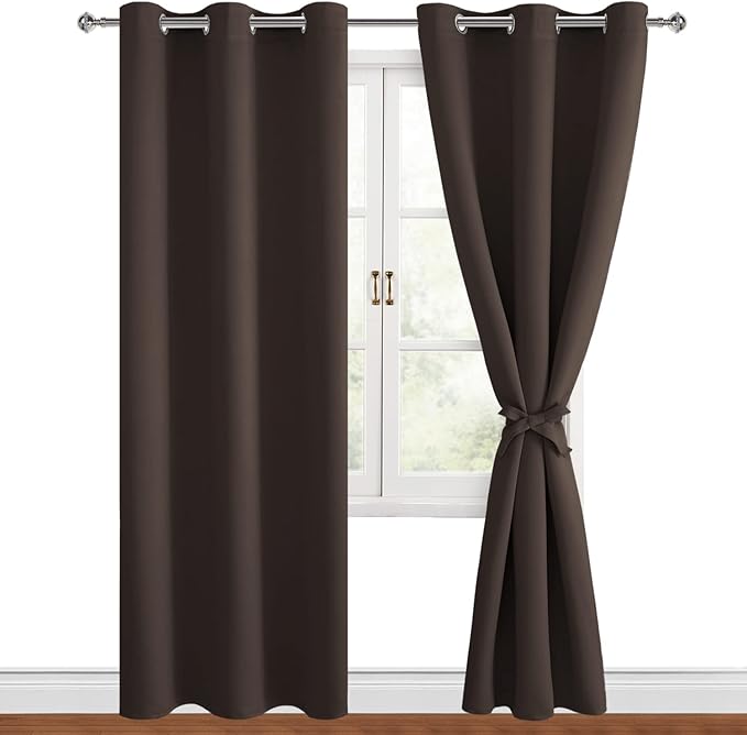 Hiasan Blackout Curtains for Bedroom, 42 x 84 Inches Long - Thermal Insulated & Light Blocking Window Curtains for Living Room, 2 Drape Panels Sewn with Tiebacks, Brown by Hiasan