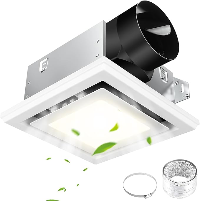 FEITON Bathroom Exhaust Fan with Light (3000K/4000K/5000K), Ceiling Mount, 110 CFM 1.0 Sones, Quiet Square Bath Fan Light Combo(Metal housing, 4 Inch Duct, Ceiling Opening Size: 7.6 x 7.3 Inches) by FEITON