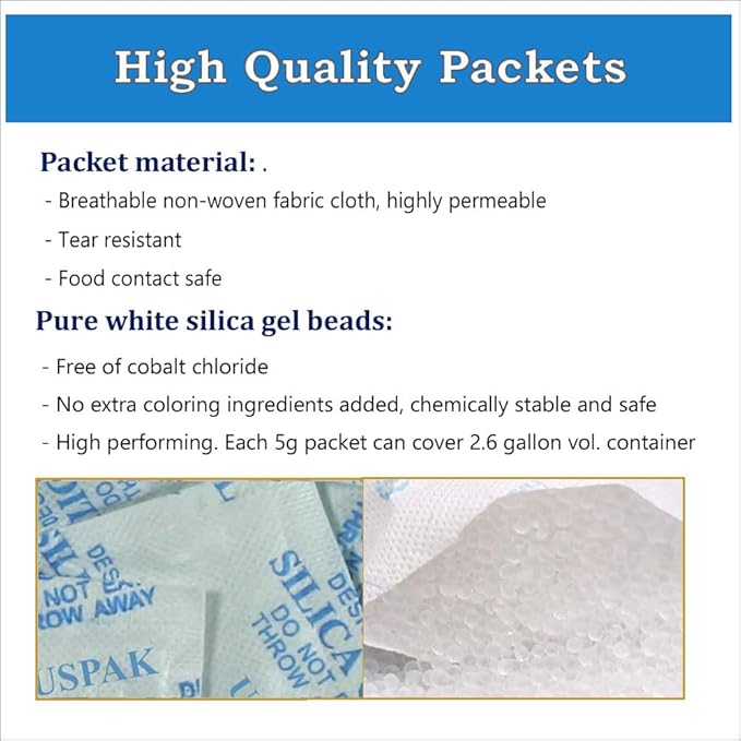 USPak Silica Gel Desiccant Packs 5 Gram 50 Packets Drying Agent Moisture Absorber Dehumidifiers for Storage Food Safes - Image 2