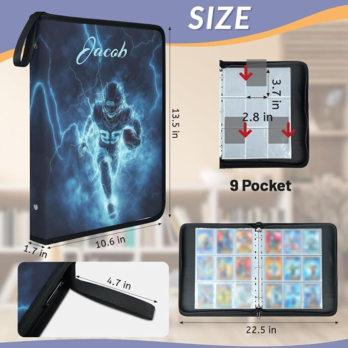 Custom Name 9 Pockets Football Card Binder, Personalized Rugby Trading Card Holder Collector Album with 50 Sleeves for TCG, MTG, Sports Cards - Image 3