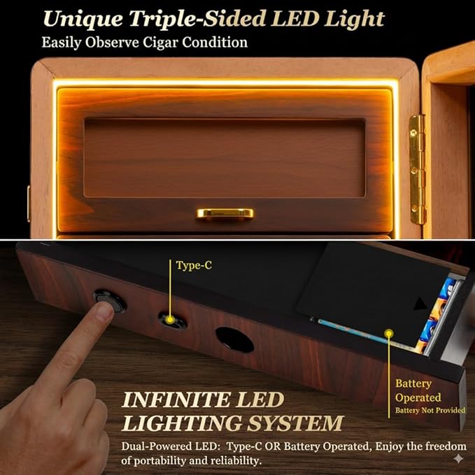 Desktop Cigar Humidor Cabinet Triple-Sided Light with Digital Hygrometer, Humidifier and Humidity Packs. 4 Ceder Wood Drawers, Cigar Humidor Box can Hold 200 Cigars. Present for Men - Image 4