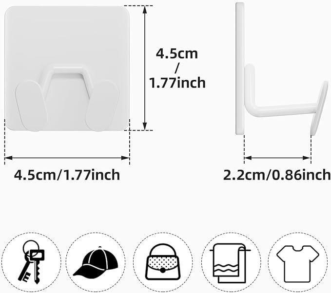 Adhesive Shower Hooks for Bathroom - Extra Sticky Stainless, Wall Hooks for Hanging Towel, Razor, Loofah, Robe, Coat, Heavy Duty Hanger for Kitchen, Bedroom, Door, Metal, Matt White, 6 Pack - Image 3