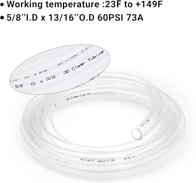 Clear Vinyl Tubing - 5/8" ID 13/16" OD, 10 Ft, 60PSI, BPA Free, Reinforced, 2 Screw Clamps - Image 5