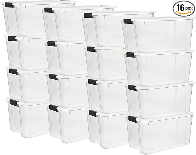 Sterilite 16-Pack Ultra Latching Box, Storage Bins with Lids, Clear Plastic, 70 Quart - Heavy-Duty Organizing Containers for Closet, Bathroom, and Office by Sterilite