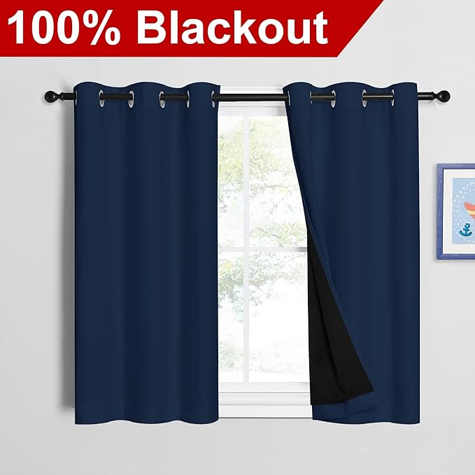NICETOWN Navy 100% Blackout Curtains 45 inch Long 2 Panels Set, Thermal Insulated 2-Layer Lined Drapes, Energy Efficiency Small Window Draperies for Dining Room (42 inches W by 45 inches L) - Image 2