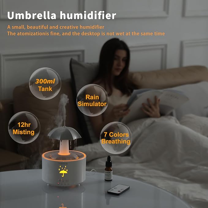 Humidifiers for Bedroom,Aromatherapy Essential Oils Diffuser,Quiet Ultrasonic Clouds and Cool Mist Humidifier, 7 Colors Breathing LED Light,Rotating Umbrella Rain Drops,Ideal Holiday Gifts for Home - Image 3