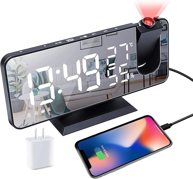 Projection Alarm Clock for Bedrooms Ceiling, Digital Clock Radio with USB Charger Port, Temperature & Humidity Display, 7.3” Large LED Display,12/24H,Snooze,Dual Loud Clock- 4 Dimmer by Hanaix