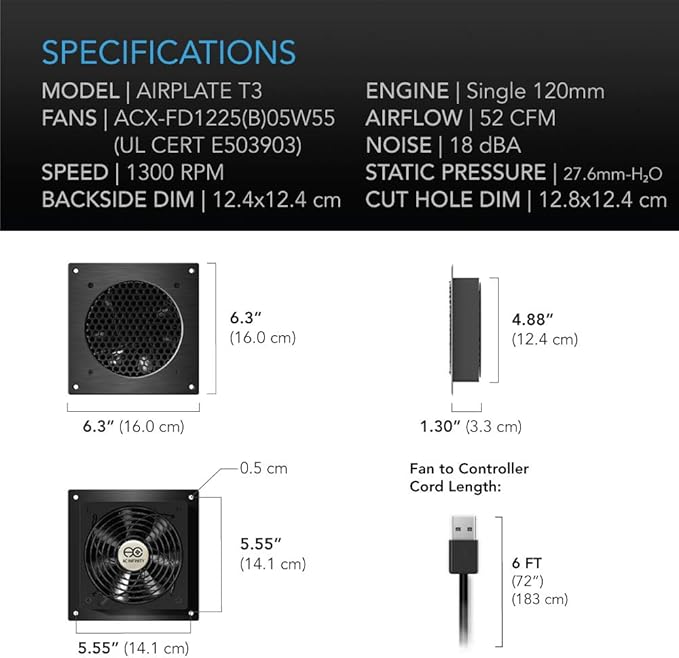 AC Infinity AIRPLATE T3, Quiet Cooling Fan System 6" with Thermostat Control, for Home Theater AV Cabinets - Image 6
