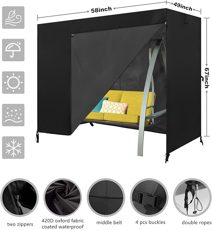 Outdoor Swing Cover - Triple Seater Hammock & Garden Swing Glider Chair - UV Resistant Canopy - Black (58 * 49 * 67) inches - Image 2