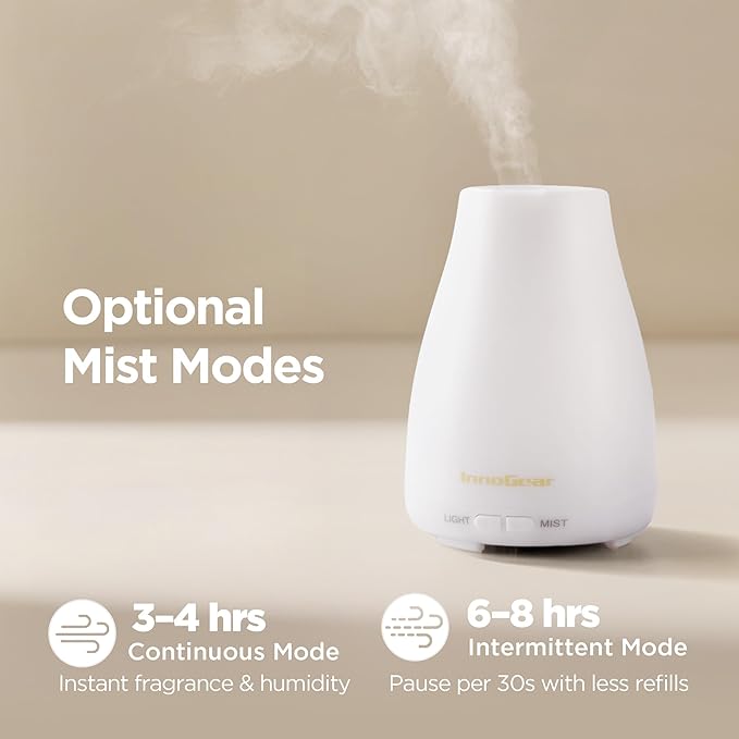 InnoGear Essential Oil Diffuser, Ultrasonic Diffusers for Home Aromatherapy Humidifier for Bedroom Room 7 Colors LED 2 Mist Mode Auto Off, Basic White - Image 3