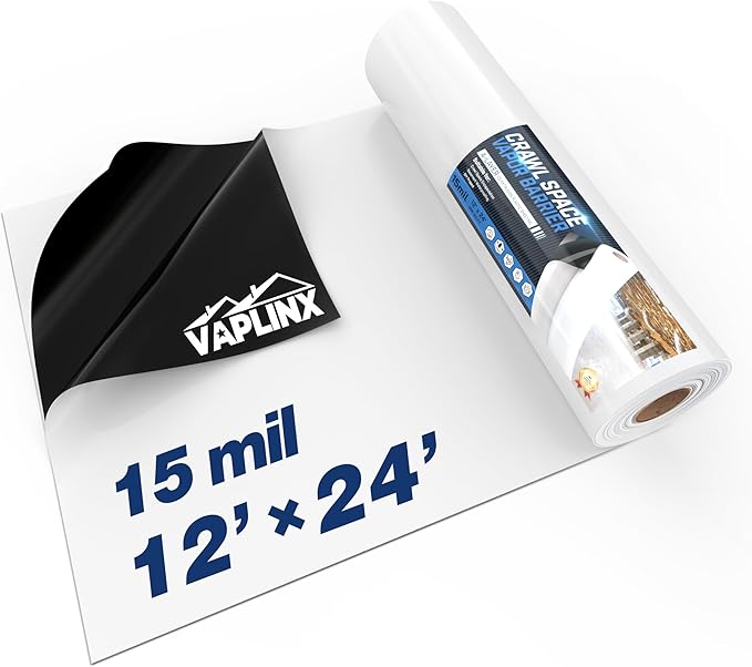 Crawl Space Vapor Barrier - 15 Mil Vapor Barrier - (12' x 24'), Tear Resistant, Heavy Duty Vapor Barrier Plastic, Drop Cloth Moisture Barrier Plastic Sheeting Covering for Crawlspace Encapsulation by VAPLINX